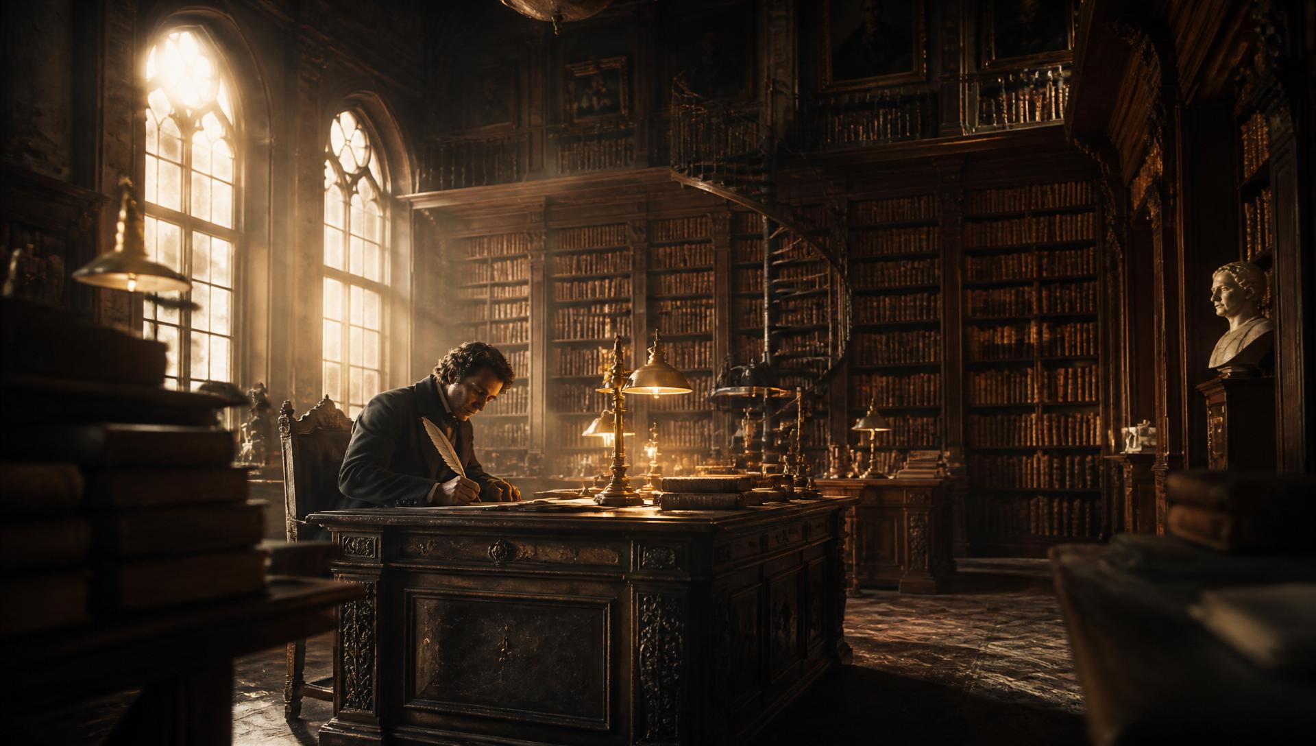 Author writing with a quill in a grand candlelit UK library