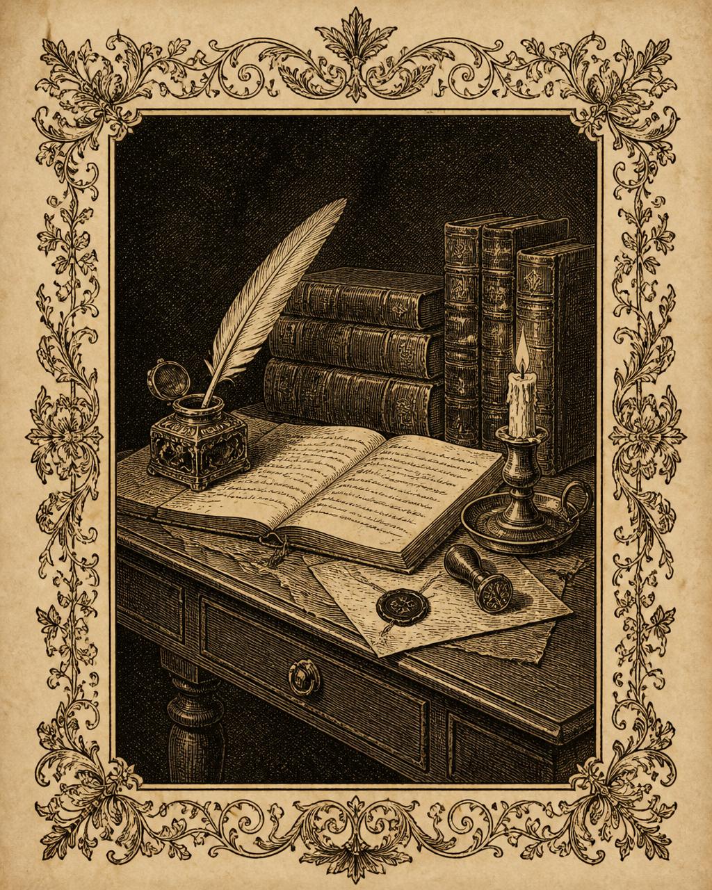 Vintage engraving of a writing desk with quill, inkwell, candle and stacked leather books